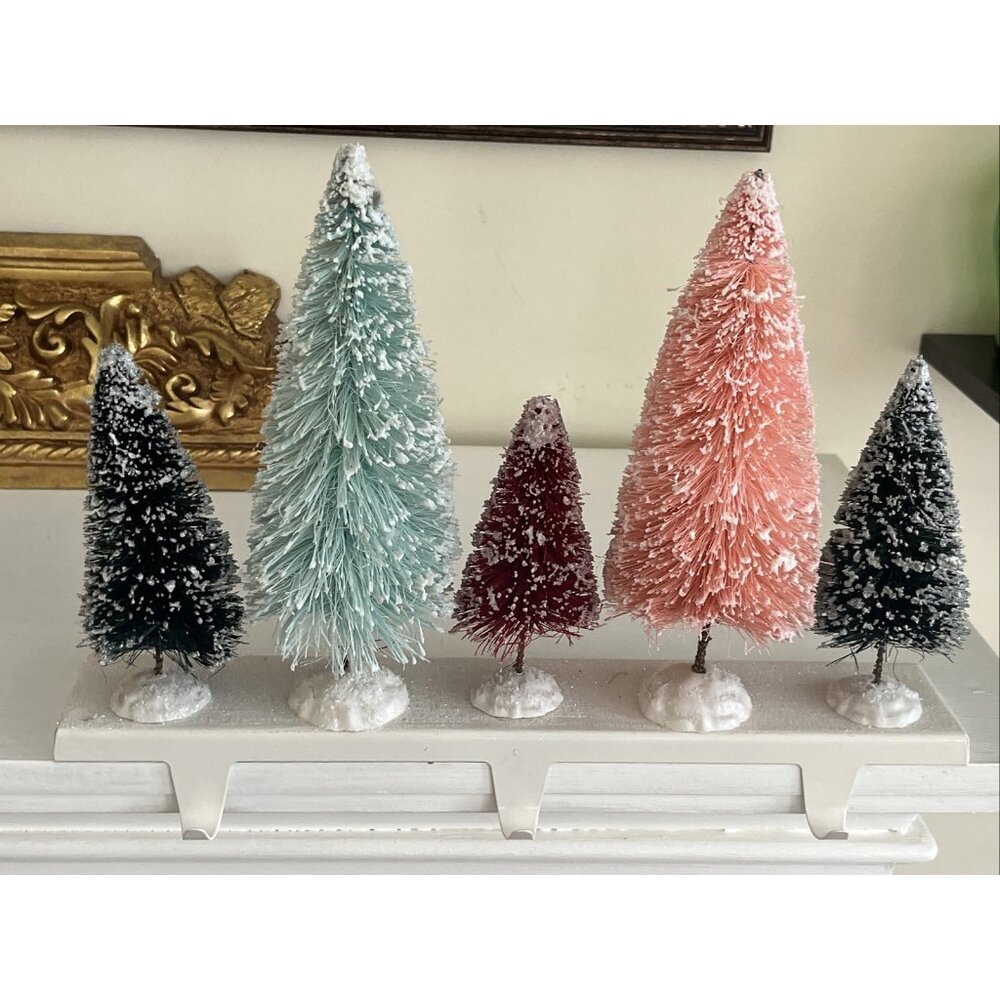 Bottlebrush Tree Mantel Christmas Stocking Holder Hanger Pink Green 14”